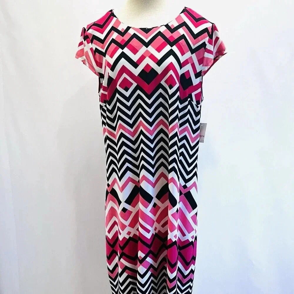 NWT LIZ CLAIBORNE Women Short Sleeve Pullover Boat Neck Zig-Zag Dress Size XL